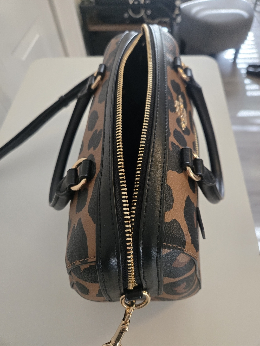 Coach Leopard-Print Satchel in Brown and Black with Gold Hardware MEDIUM ROWAN - Picture 6 of 17
